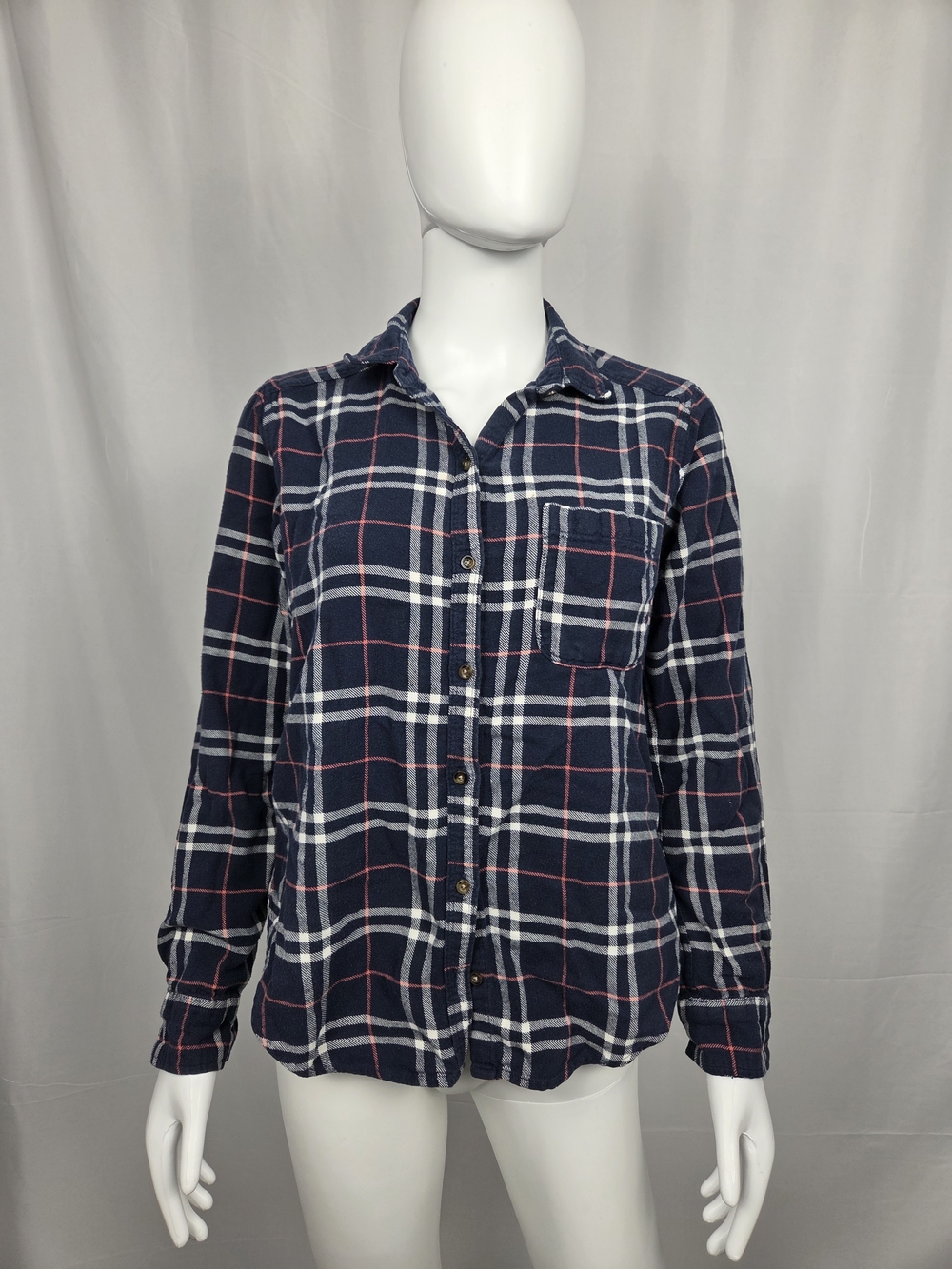 Hollister Navy Plaid Button-Down Shirt with White & Pink Stripes